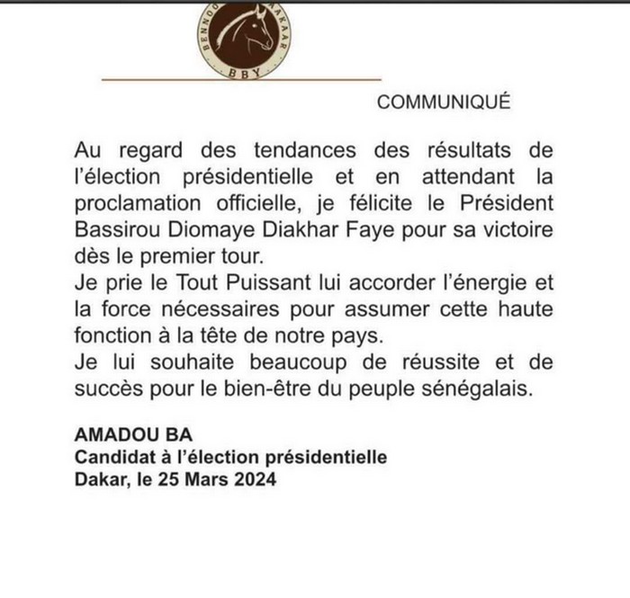 Présidentielle au Sénégal Amadou Ba appelle Bassirou Diomaye Faye pour