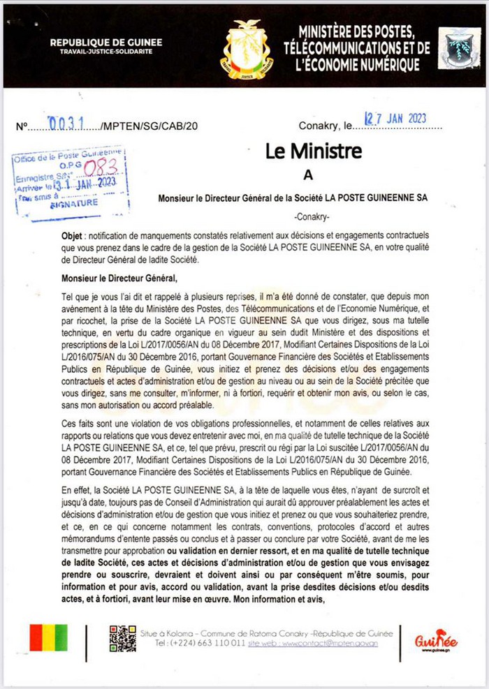 Le Ministre Ousmane Gaoual Diallo Adresse Une Lettre Caustique Son Dg Des Postes Le Jour