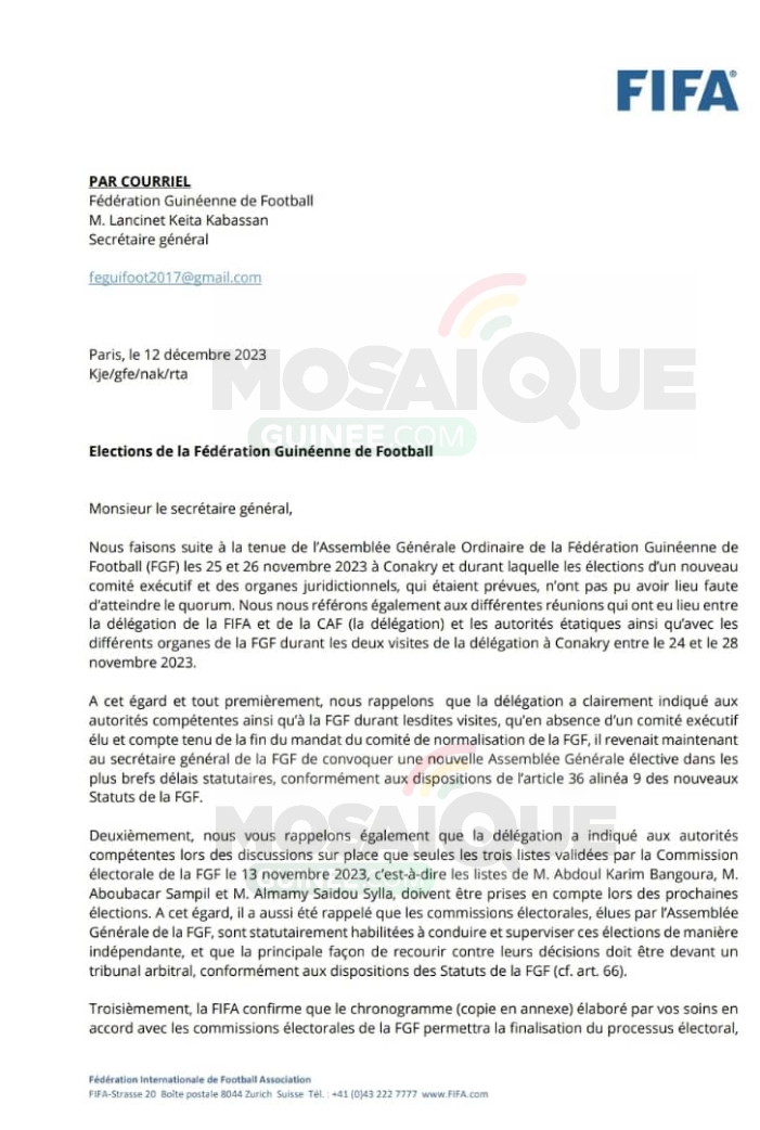 Courrier de la FIFA à la FGF : « une violation des obligations peut entrainer des sanctions, y compris une suspension »